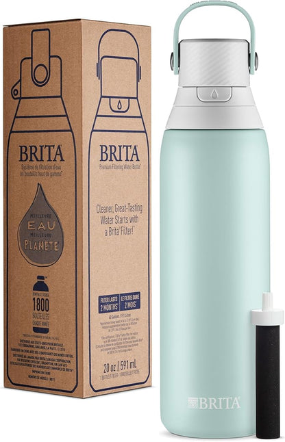 Brita Stainless Steel Premium Filtering Water Bottle, BPA-Free, Reusable, Insulated, Replaces 300 Plastic Water Bottles, Filter Lasts 2 Months or 40 Gallons, Includes 1 Filter, Glacier - 20 oz.