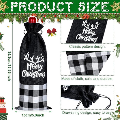 Patelai 12 Pieces Christmas Wine Bottle Bags Wine Bottle Sweater Dress Christmas Wine Sleeve Burlap Santa Bottle Covers Plaid Drawstring Bottle Bags for Xmas Dining Table (Black White)