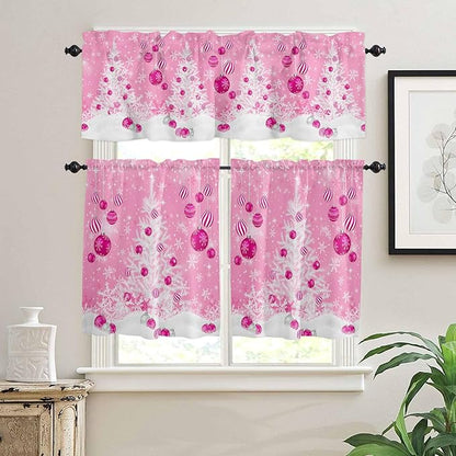 Pink Christmas Kitchen Curtains and Valances Set, White Xmas Tree Snowflakes Pink Balls Windows Treatments Tiers Half/Short Curtains for Small Windows Cafe /Living Room/ Bedroom 54x24 in Winter
