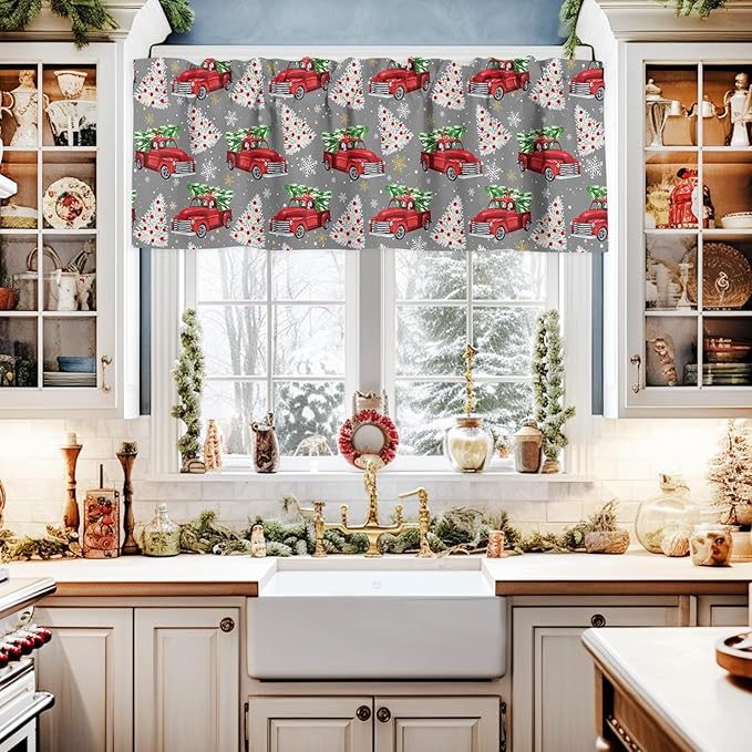 Red Truck Christmas Kitchen Curtains and Valances Set, Merry Christmas Tree Windows Treatments Tiers Half/Short Curtains for Small Windows Cafe /Living Room/ Bedroom 54x24 in Winter Snowflake Grey