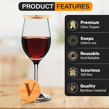 Personalized Wine Glass Charcuterie Topper - Custom Laser Engraved Initial Bamboo Wine Glass Topper Stopper Coasters Plate ID Identification Wine Glass Charcuterie Board Topper (Letter V)