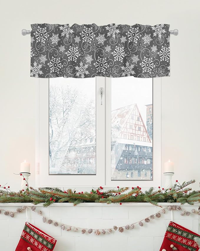 Christmas Valance Curtains for Kitchen Windows Grey White Snowflakes Pattern Rod Pocket Window Treatment Toppers for Kitchen/Living Room/Bedroom/Bathroom, 42" X 12", Winter