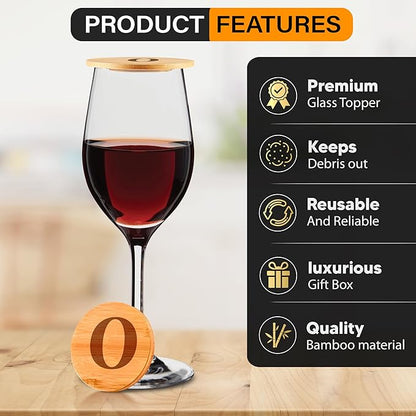 Personalized Wine Glass Charcuterie Topper - Custom Laser Engraved Initial Bamboo Wine Glass Topper Stopper Coasters Plate ID Identification Wine Glass Charcuterie Board Topper (Letter O)