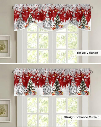 Christmas Gnome Blackout Tie Up Valance Curtains for Kitchen Windows Winter Merry Christmas Tree Balls Window Toppers Balloon Shades for Living Room/Bathroom/Bedroom,1 Panel, 60" X 18", Red