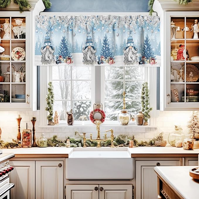 Christmas Gnome Valance Curtains for Kitchen Windows Winter Merry Christmas Tree Balls Rod Pocket Window Treatment Toppers for Kitchen/Living Room/Bedroom/Bathroom, 42" X 18", Blue