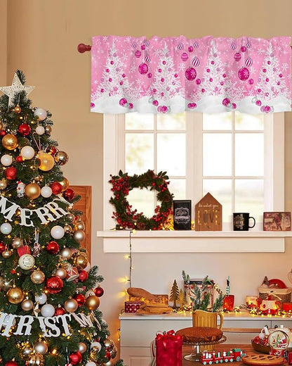 Pink Christmas Valance Curtains for Kitchen Windows White Xmas Tree Snowflakes Pink Balls Rod Pocket Window Treatment Toppers for Kitchen/Living Room/Bedroom/Bathroom, 60" X 18", Winter