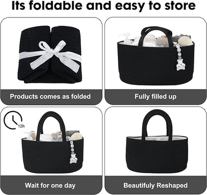 Baby Diaper Caddy Organizer for Girl Boy Cotton Rope Nursery Storage Bin Basket Portable Holder Tote Bag for Changing Table Car Travel Baby Shower Gifts Newborn Essentials Registry Must Haves Black