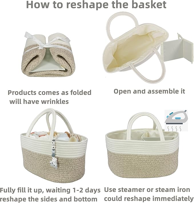Large Baby Diaper Caddy Organizer for Girl Boy Rope Nursery Storage Bin Basket Portable Holder Tote Bag for Changing Table Car Travel Baby Shower Gifts Newborn Registry Must Haves White and Brown