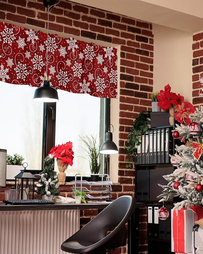 Christmas Valance Curtains for Kitchen Windows Red White Snowflakes Pattern Rod Pocket Window Treatment Toppers for Kitchen/Living Room/Bedroom/Bathroom, 42" X 12", Winter