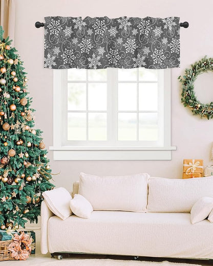 Christmas Valance Curtains for Kitchen Windows Grey White Snowflakes Pattern Rod Pocket Window Treatment Toppers for Kitchen/Living Room/Bedroom/Bathroom, 42" X 12", Winter