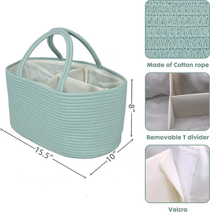 Large Baby Diaper Caddy Organizer for Girl Boy Rope Nursery Storage Bin Basket Portable Holder Tote Bag for Changing Table Car Travel Baby Shower Gifts Newborn Essentials Registry Must Have Green
