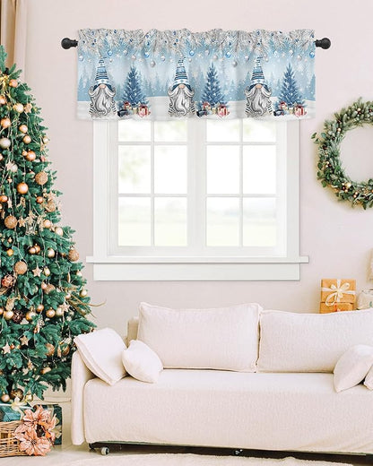 Christmas Gnome Valance Curtains for Kitchen Windows Winter Merry Christmas Tree Balls Rod Pocket Window Treatment Toppers for Kitchen/Living Room/Bedroom/Bathroom, 42" X 18", Blue