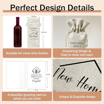 Housewarming Wine Gift Bags & Card, First New Home House Gifts for Women Men Wife Husband Friend Home Owner, 1 pcs Reusable Burlap Wine Gift Bags for Wine Bottles, Housewarming Party Decor Favor -34