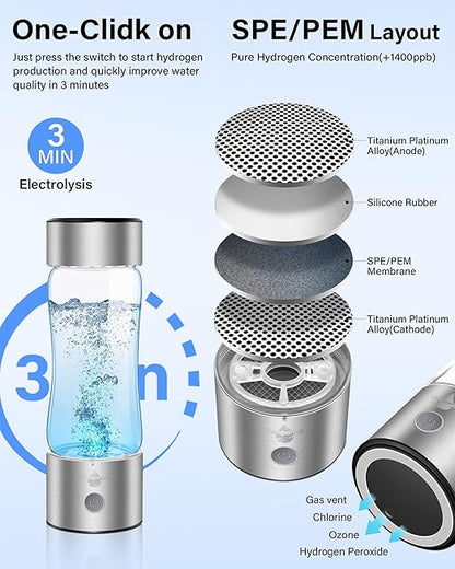 Hydrogen Water Bottle, Hydrogen Water Bottle Generator with SPE PEM Technology Water Ionizer, Hydrohealth Hydrogen Water Machine Improve Water in 3 Mins for Home, Office, Travel, Daily Drinking