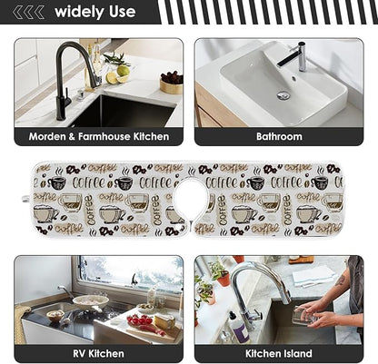 Coffee Theme Faucet Water Catcher Mat 2 Pack Coffee Cup Beans Drying Mat Absorbent Bathroom Faucet Handle Drip Catcher Tray Bar RV Kitchen Sink Splash Guard 30x5 Inches