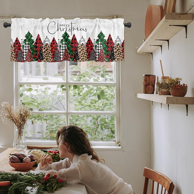 Merry Christmas Valance Curtains for Kitchen Windows Buffalo Plaid Xmas Tree Winter Forest Farmhouse Rod Pocket Window Treatment Toppers for Kitchen/Living Room/Bedroom/Bathroom, 60" X 18",Red Green