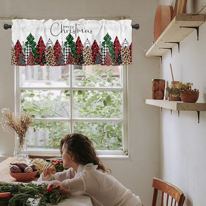 Merry Christmas Valance Curtains for Kitchen Windows Buffalo Plaid Xmas Tree Winter Forest Farmhouse Rod Pocket Window Treatment Toppers for Kitchen/Living Room/Bedroom/Bathroom, 60" X 18",Red Green