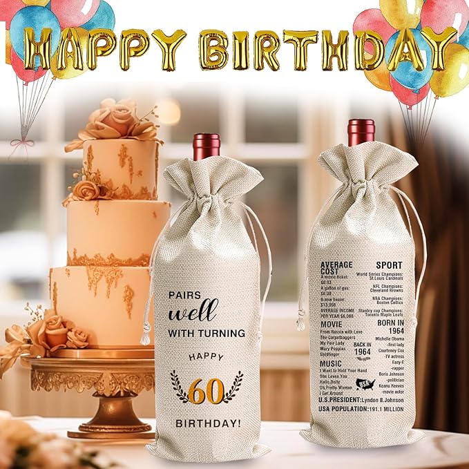 LANBAIHE 60th Birthday Gifts for Her,60th Birthday Gift for Women Men, 60 Years Old Birthday Gifts Wine Bag, 60th Birthday Decorations Party Supplies-1964 Birthday (60 BIRTHDAY)