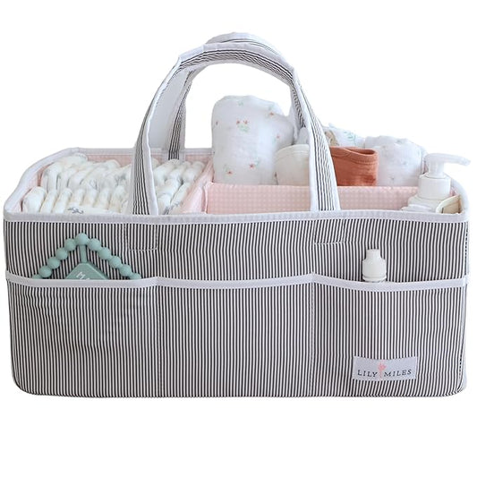 Lily Miles Baby Diaper Caddy - Organizer Tote Bag for Baby Girl Essentials - Baby Shower Basket - Nursery Must Haves - Registry Favorites - Newborn Caddie Car Travel - Gray/Blush, Extra Large