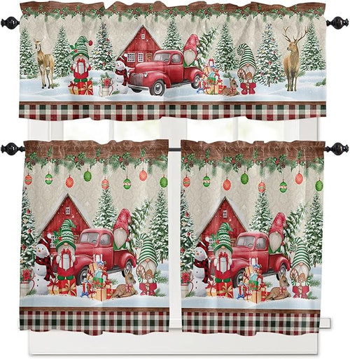 Christmas Farmhouse Kitchen Curtains and Valances Set, Red Truck Gnomes Window Treatments Tiers Winter Holiday Snowman Half/Short Curtains for Small Windows Cafe /Living Room/ Bedroom 54x 36 in
