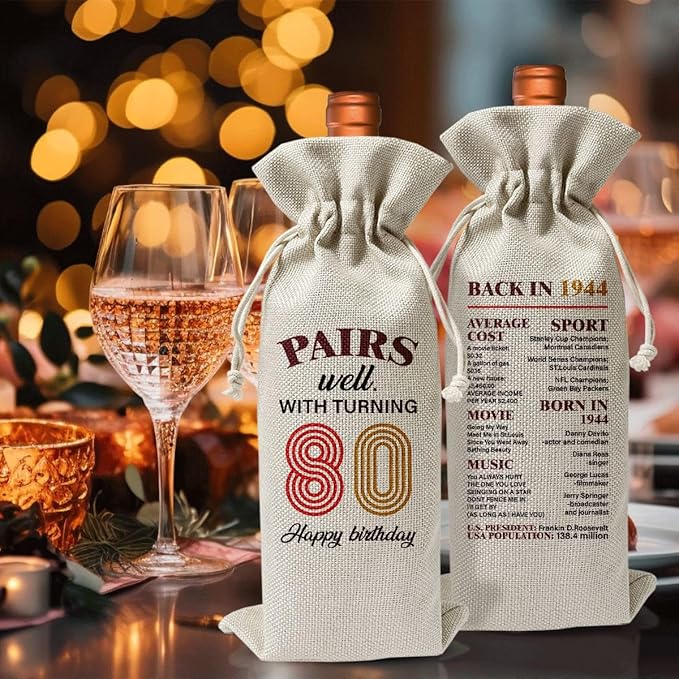 80th Birthday Wine Gift Bag For Best Friend Mom Dad Women Men Grandfather Grandmother, 1944 Birthday Gift, 80th Birthday Party Decor, 80th Anniversary Wine Bag, Pairs Well With Turning 80
