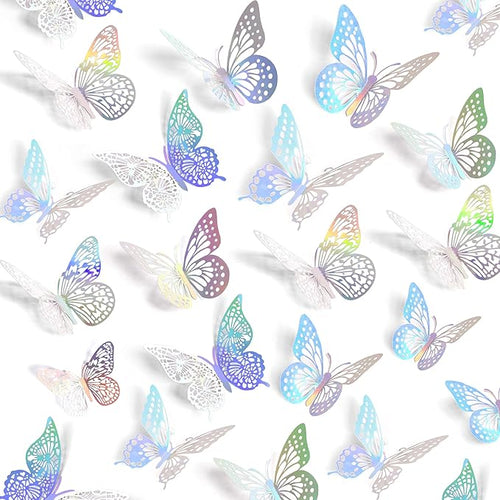SAOROPEB 3D Butterfly Wall Decor 48 Pcs 4 Styles 3 Sizes, Butterfly Birthday Decorations Butterfly Party Decorations Cake Decorations, Removable Stickers (Laser)