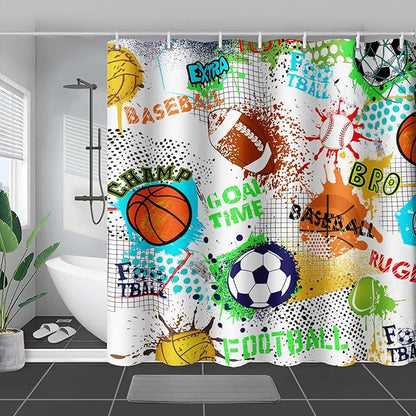 AILONEN Sport Shower Curtain,Graffiti Basketball Football Baseball Rugby Sport Art Bath Curtain Minimalist Bathroom Curtain 60" W*72" H Polyester Waterproof Bathroom Curtain with 12 Hooks