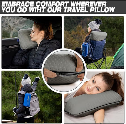 Travel & Camping Comfortable Memory Foam Pillow – Easy to Carry Portable Bag – Temperature Regulating Pillow Case (Grey)