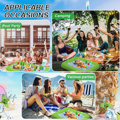 Leitee 4 Pcs Inflatable Ice Serving Bars Buffet Serving Tray Drink Cooler for Pool Party Inflatable Ice Tray Floating Food Drink Containers with Drain Plug and a Hand Pump, 2 Sizes (Green)