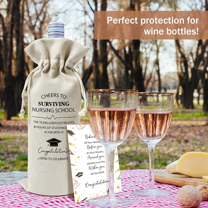 Nurse Graduation Gift Wine Gift Bags & Card Nursing Appreciation Graduation Gifts for RN Nurse Nursing Student School, 1 pcs Reusable Burlap Wine Gift Bags for Wine Bottles, Graduation Party Favor -29
