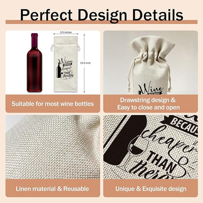 Wine Gift Bag, Gift for Women Men Sister Friends Wine Enthusiasts, 1pcs Wine is Cheaper Than Therapy Reusable Burlap Drawstring Wine Gifts Bag for Wine Bottles, Holiday Party Favor -06