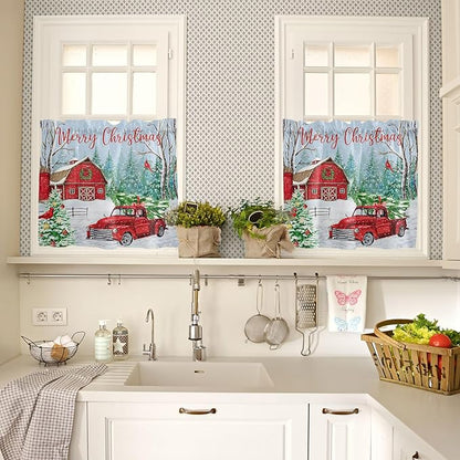 Red Truck Christmas Kitchen Curtains and Valances Set, Merry Christmas Farmhouse Windows Treatments Tiers Half/Short Curtains for Small Windows Cafe /Living Room/ Bedroom 54x24 in Winter Xmas Tree