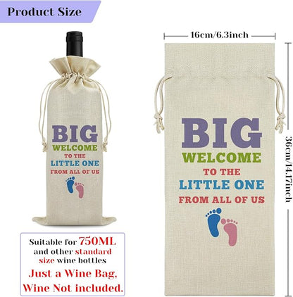 Welcome Baby Wine Bag New Baby Birth Gift for Friends Sister Baby Announcement Gift for Mom Dad Baby Girl Baby Boy Gift Drawstring Wine Wrapping Bag Baby Shower Decors Reusable Burlap Wine Gift Bag