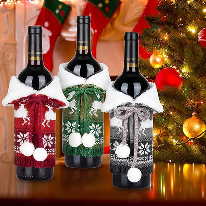 Whaline Christmas Wine Bottle Covers Knit Bottle Sweater with Faux Fur Collar Bow Pompom Red Green Gray Reindeer Snowflake Patterned Bottle Dress Christmas Winter Holiday Party Decor Supplies, 3Pcs