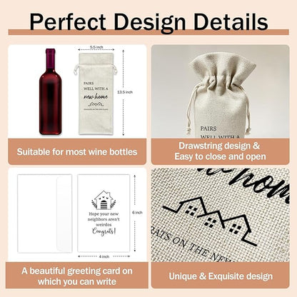 Housewarming Wine Gift Bags & Card, First New Home House Gifts for Women Men Wife Husband Friend Home Owner, 1 pcs Reusable Burlap Wine Gift Bags for Wine Bottles, Housewarming Party Decor Favor -32