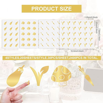OLYCRAFT 2400pcs 4 Styles Gold Meal Stickers 0.5 Inch Food Choice Sticker Eggplant/Mushroom/Carrot/Vegan Wedding Meal Indicator Stickers Kitchen Stickers for Place Card Wedding Party Supplies