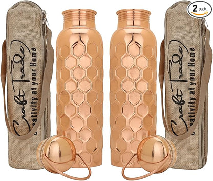 Craft Trade Copper Ayurveda Copper Water Bottle for Drinking 34 oz Set Of 2 Antique Diamond Pure Bottle with Handle Travel Bottle for Gym, Office, Hiking, Outdoor Ayurvedic Hammered Water Vessel