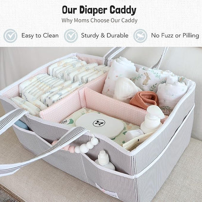 Lily Miles Baby Diaper Caddy - Organizer Tote Bag for Baby Girl Essentials - Baby Shower Basket - Nursery Must Haves - Registry Favorites - Newborn Caddie Car Travel - Gray/Blush, Extra Large
