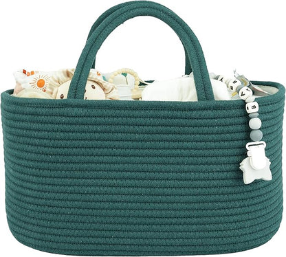 Large Baby Diaper Caddy Organizer for Girl Boy Rope Nursery Storage Bin Basket Portable Holder Tote Bag for Changing Table Car Travel Baby Shower Gifts basket dark green