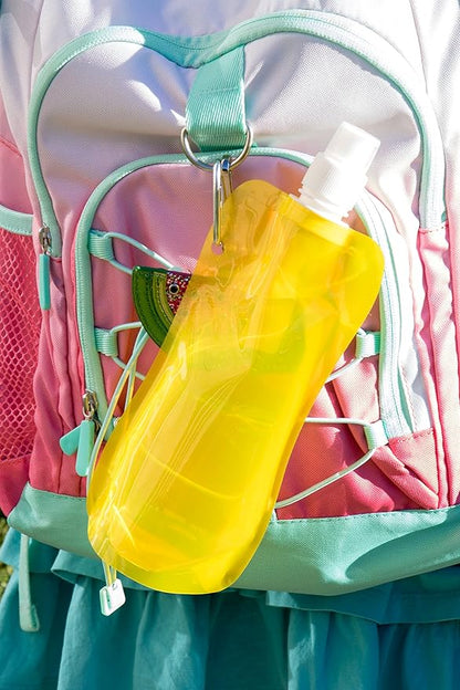 Clever Creations Collapsible Sports Water Bottle 3 Pack, Foldable Leak Proof Travel Bottles for Camping and Hiking, 480 mL Capacity, Purple, Yellow, and Pink