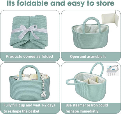 Diaper Caddy Organizer for Baby Cotton Rope Nursery Storage Bin Basket Portable Holder Tote Bag for Changing Table Car Travel Baby Shower Gifts Newborn Essentials Registry Must Haves Light Green
