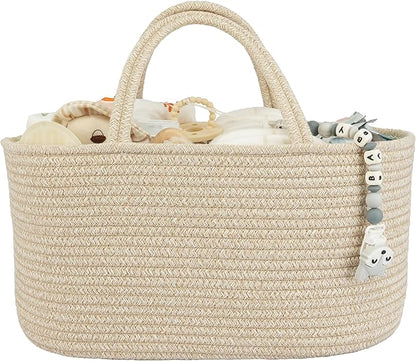 Large Baby Diaper Caddy Organizer for Girl Boy Rope Nursery Storage Bin Basket Portable Holder Tote Bag for Changing Table Car Travel Baby Shower Gifts Oatmeal