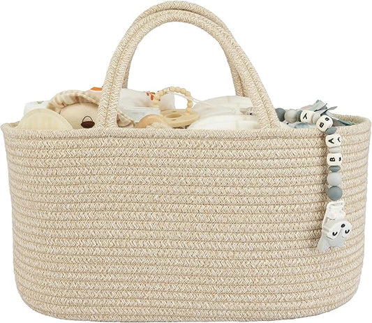 Large Baby Diaper Caddy Organizer for Girl Boy Rope Nursery Storage Bin Basket Portable Holder Tote Bag for Changing Table Car Travel Baby Shower Gifts Oatmeal