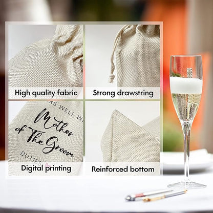 Mother of the Groom Wine Gift Bags - for Wedding, Engagement - Reusable Burlap With Drawstring Gift Bag (5.5"x 13.5")-1 Pcs/jiu030